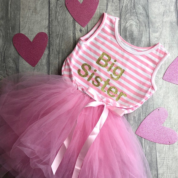 Big Sister Dress, Light Pink Striped Sleeveless Tutu Dress with Pink Bow, Newborn Announcement Outfit Keepsake Gift, Girl's Summer Dress