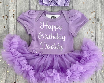 Gift for Daddy, Happy Birthday Daddy Baby Girl's Tutu Romper with Bow Headband, White Glitter Design, Newborn Gift Daddy's Girl Princess