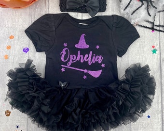 Personalised Baby Girl's Witch Themed Halloween Outfit, Tutu Romper with Bow Headband, Purple Glitter Witch Hat Broomstick Design, Keepsake