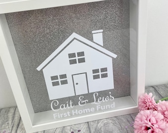 Personalised First Home Fund Money Box Frame with Glitter background, New Home Moving Keepsake Couple Gift, Family Home, Saving Present