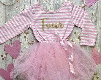 4th Birthday Girls Pink and White Long Sleeved striped Tutu Dress with detachable Bow, Four Year Old, Birthday Girl Princess Party Dress