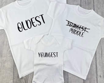 Baby Announcement Sibling T-Shirt Set, White Short Sleeve T-Shirts and Romper, Oldest Middle and Youngest 3 Piece Clothing Set