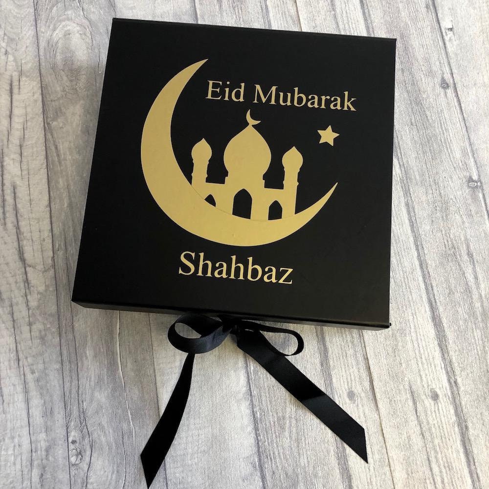 Personalised Name Eid Mubarak Gift Box With Mosque, Eid and