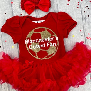 Manchester's Cutest Fan Baby Girl's Red Tutu Romper with Bow Headband, Newborn Princess Daddy's Girl Football Kit, Gold Glitter Football zdjęcie 5