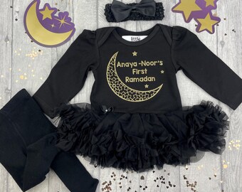 Personalised First Ramadan Baby Girl's Outfit, Newborn Black Long Sleeve Tutu Romper Outfit Set Gold Glitter Moon and Stars, 1st Eid Ramadan