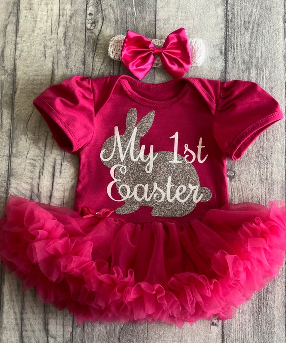 Newborn Rose Gold My 1st Easter Pink Bunny White Dress 1ST EASTER TUTU ROMPER