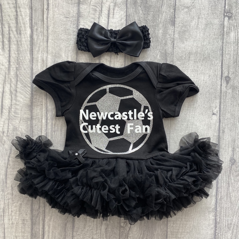 Baby Girl's Newcastle Football Black Tutu Romper with Bow Headband, Newcastle's Cutest Fan Silver Glitter Football Kit, Newborn Daddy's Girl image 3