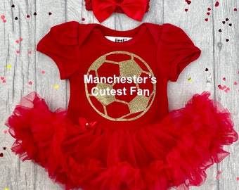 Manchester's Cutest Fan Baby Girl's Red Tutu Romper with Bow Headband, Newborn Princess Daddy's Girl Football Kit, Gold Glitter Football