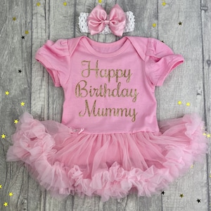 Happy Birthday Mummy Baby Girl's Tutu romper with Bow Headband, Newborn Baby Outfit, Present for Mummy, Keepsake Gift image 1