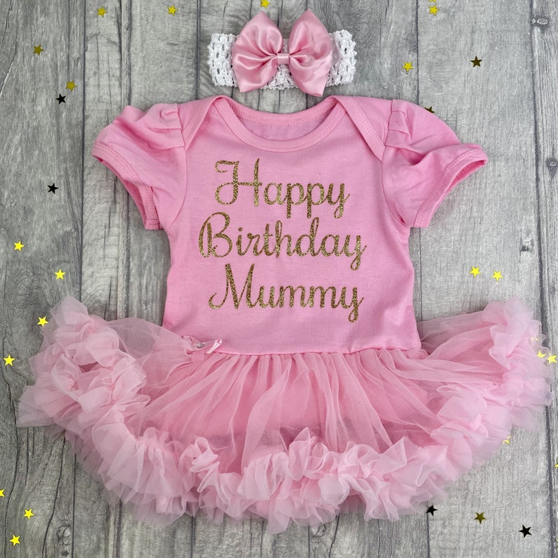 Happy Birthday Mummy Baby Girl's Tutu romper with Bow Headband, Newborn Baby Outfit, Present for Mummy, Keepsake Gift image 1