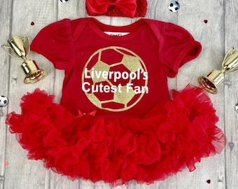 Liverpool's Cutest Fan Baby Girl's Red Tutu Romper with Bow Headband, Newborn Daddy's Girl Football Kit, Gold Glitter Football