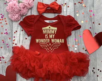 Baby Girl's Mummy is my Wonder Woman Tutu Romper with Bow Headband, Superhero Newborn Princess Gift