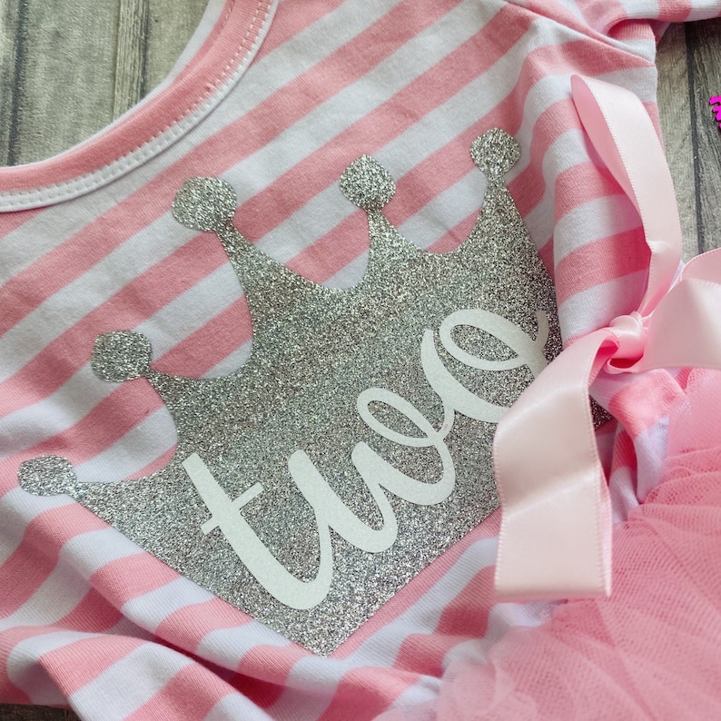 Girl/'s 2nd Birthday Silver Crown Pink and White Long Sleeved striped Tutu Dress with detachable Bow Two Year Old Girl Princess Party Dress