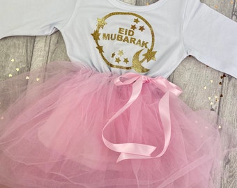 Girl's Eid Mubarak Tutu Dress, Long Sleeve White with Pink Tutu Dress Gold Glitter Moon and Stars Design, Baby Girl's Eid Outfit Ramadan