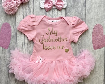 Baby Girl's Godmother Outfit, Newborn Princess Tutu Romper with Bow Headband, Goddaughter Keepsake Gift Gold Glitter Design