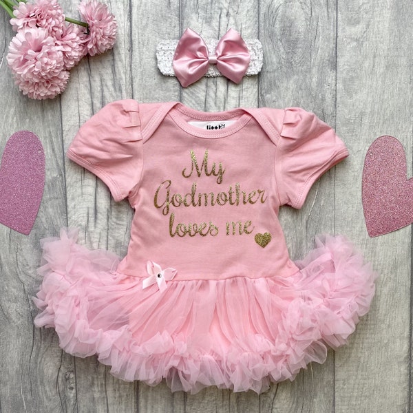 Baby Girl's Godmother Outfit, Newborn Princess Tutu Romper with Bow Headband, Goddaughter Keepsake Gift Gold Glitter Design