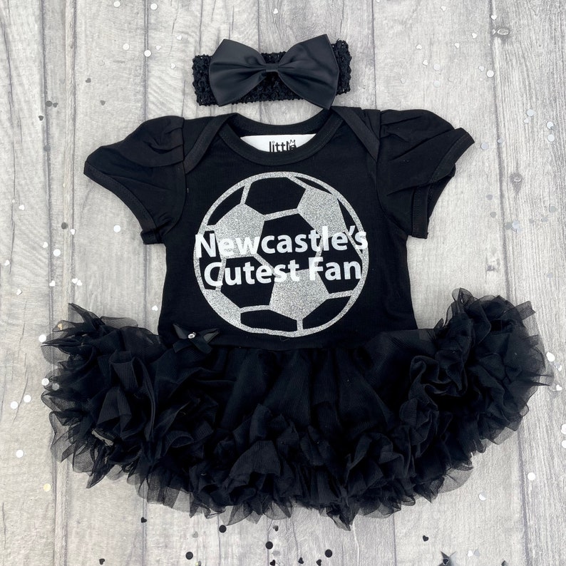 Baby Girl's Newcastle Football Black Tutu Romper with Bow Headband, Newcastle's Cutest Fan Silver Glitter Football Kit, Newborn Daddy's Girl image 5