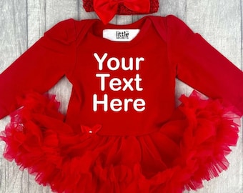 Customise and Personalise Your Own Red Long Sleeve Tutu Romper with Headband, 1st Christmas Present Birthday Keepsake Newborn Princess Gift