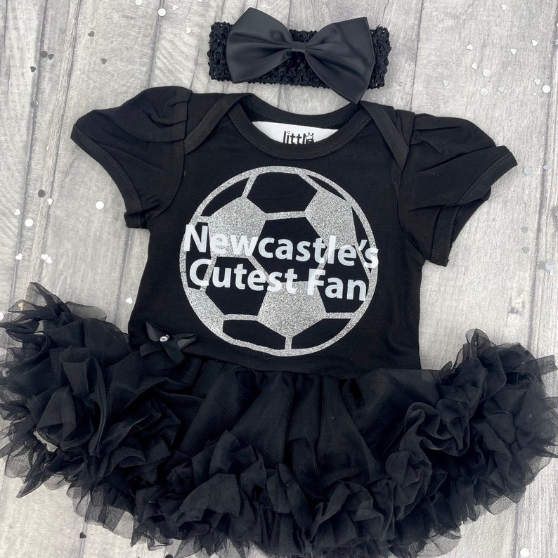 Baby Girl's Newcastle Football Black Tutu Romper with Bow Headband, Newcastle's Cutest Fan Silver Glitter Football Kit, Newborn Daddy's Girl image 8