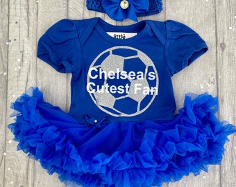 Chelsea's Cutest Fan Baby Girl's Blue Tutu Romper with Bow Headband, Newborn Daddy's Princess Football Baby Kit, Silver Glitter Football