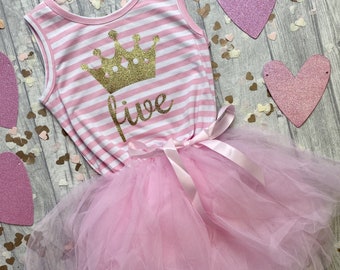 Girls Birthday Pink and White Stripe Sleeveless Tutu Dress with Bow, Gold Glitter Princess Crown Design, Birthday Girl Party Outfit Keepsake