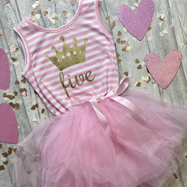 Girls Birthday Pink and White Stripe Sleeveless Tutu Dress with Bow, Gold Glitter Princess Crown Design, Birthday Girl Party Outfit Keepsake