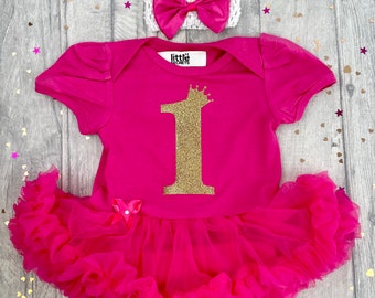 Baby Girl 1st Birthday Pink tutu romper with headband, Gold Glitter one with crown, Birthday girl, Birthday Princess Party
