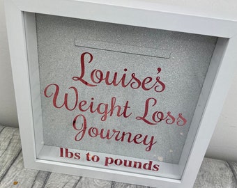 Personalised Weight Loss Journey Ibs to Pounds Money Box Frame Present, Saving Fund Gift, New Goals Holiday Diet, Rose Gold White Glitter