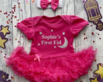 Personalised First Eid Baby Girl's Pink Tutu Romper with Bow Headband Silver Moon Stars Newborn Celebration Outfit Keepsake Gift