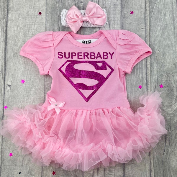 Baby Girl's Superbaby Tutu Romper with Bow Headband, Newborn Princess Superhero Dress Gift Superman Cute Keepsake Present