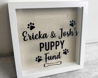 Personalised Puppy Fund White Money Box Frame, Glitter Background Saving Fund, Paw Prints and Bone Design, New Puppy/Dog Gift Present Love