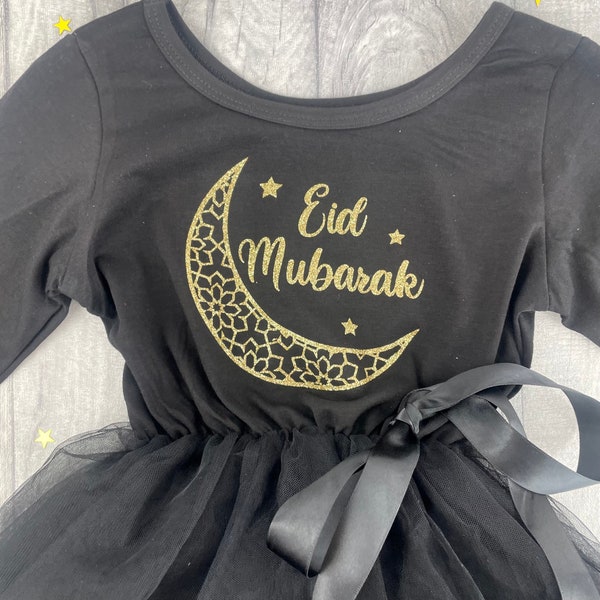 Girl's Eid Mubarak Black Dress, Princess Long Sleeve Black Tutu Dress with Moon and Stars Design, Baby Girl's Eid Outfit Ramadan