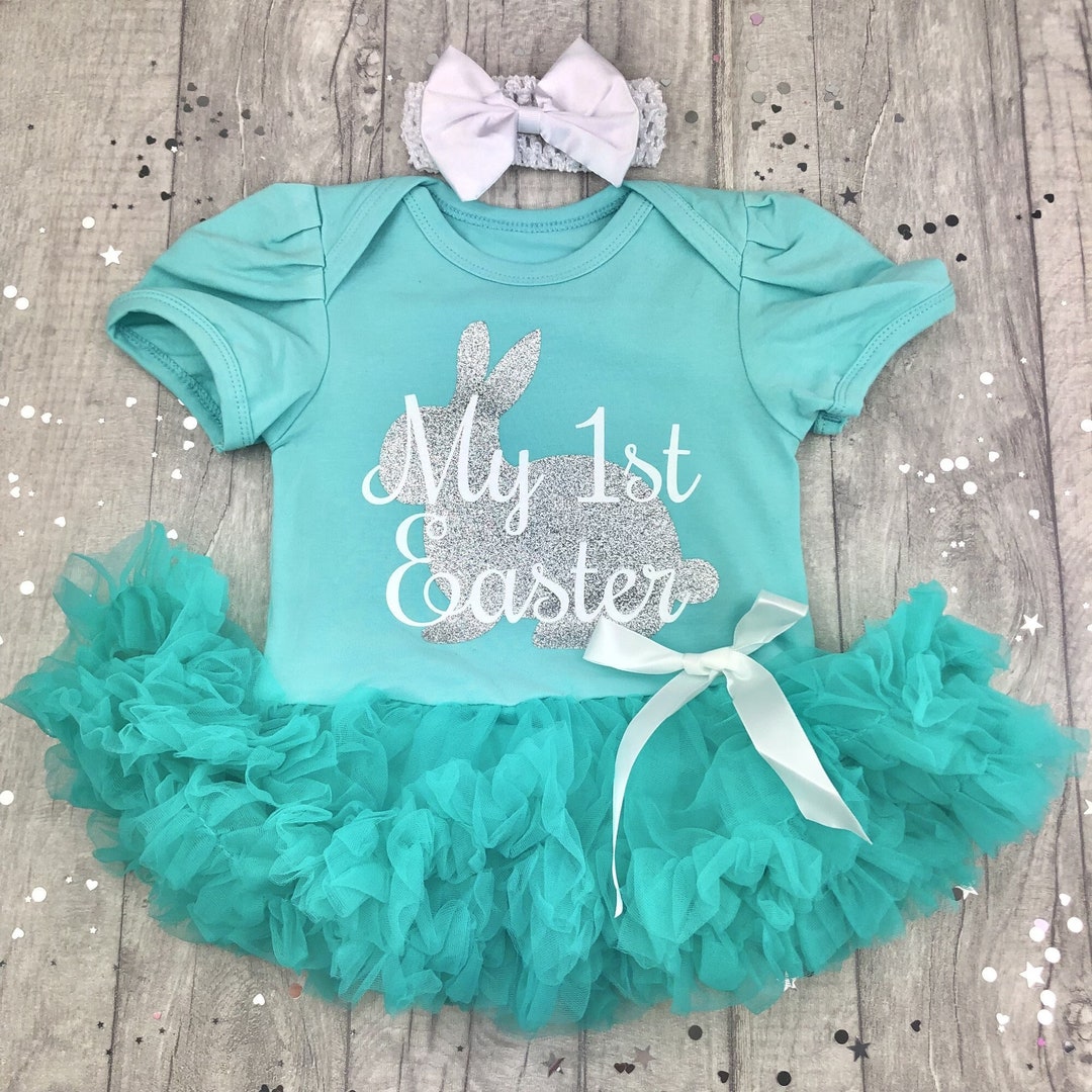 My 1st Easter Baby Girl's Outfit, Silver Glitter Easter Bunny Tutu Romper With Bow Headband
