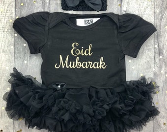 Baby Girl's Eid Mubarak Tutu Romper, Bow Headband, Gold Glitter Design, Newborn Princess Eid Outfit