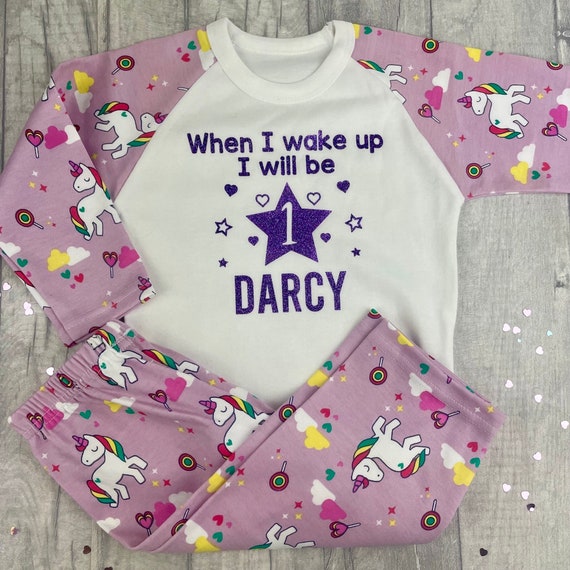 Personalised When I Wake Up 1 Unicorn Kids Pyjamas Children's Pjs Birthday Girls 