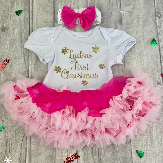 Baby Girl s First Christmas Glitter Tutu Romper With Bow Headband Gold Glitter Snowflakes Newborn Present Gift Festive Etsy Canada