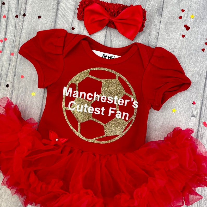 Manchester's Cutest Fan Baby Girl's Red Tutu Romper with Bow Headband, Newborn Princess Daddy's Girl Football Kit, Gold Glitter Football image 7