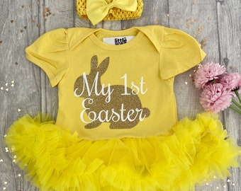 My 1st Easter Baby Girl's Tutu romper with Bow Headband, Gold Glitter Easter Bunny Newborn Gift, Princess Happy Easter Present