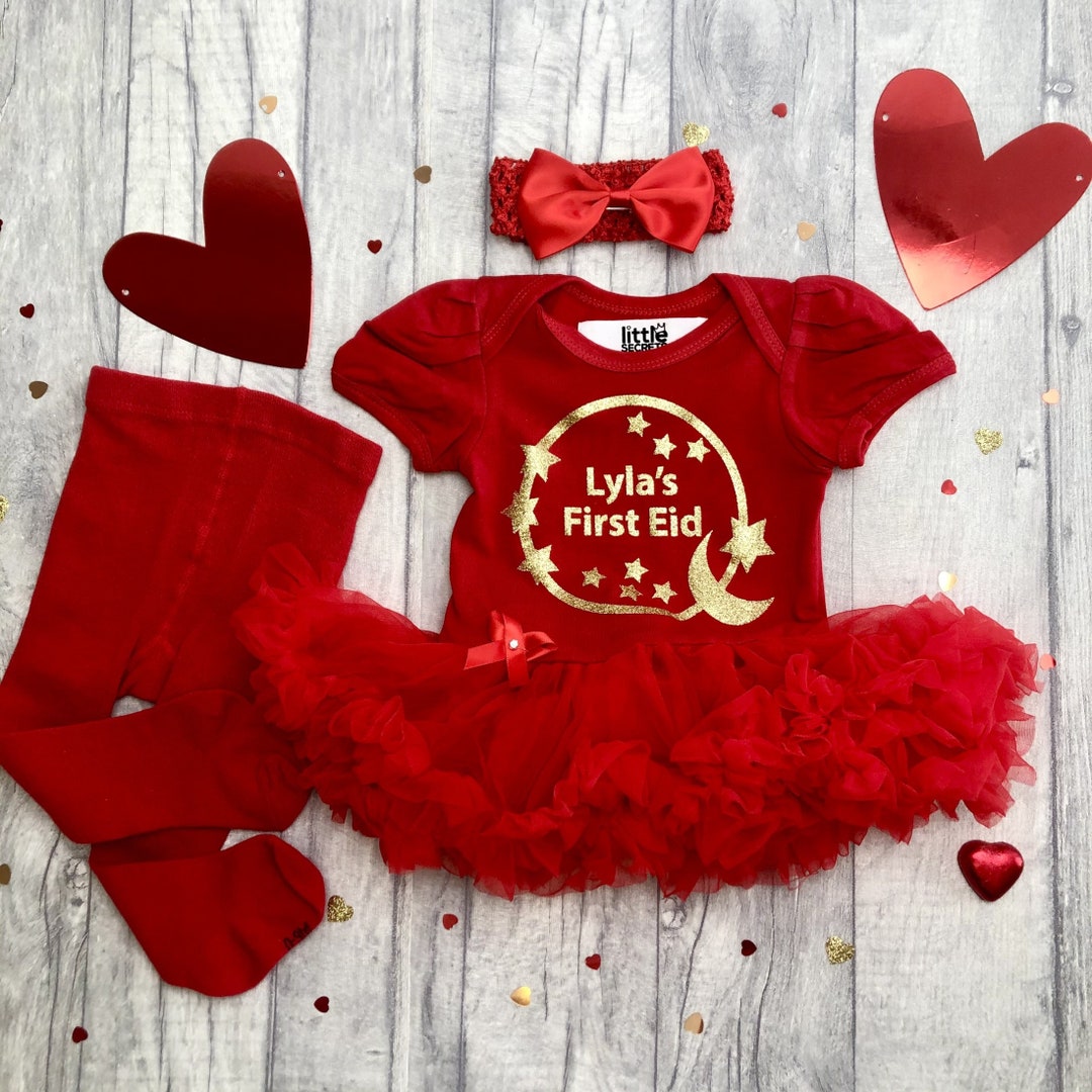 Personalised First Eid Baby Girl's Outfit, Gold Moon and Stars Custom