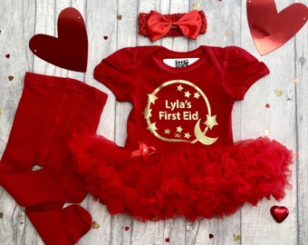 Personalisierte erste Eid Baby Mädchen Outfit, Gold Mond und Sterne benutzerdefinierte Neugeborenen Tutu Strampler mit Stirnband und Strumpfhosen, Feiern