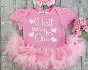 Half way to One Birthday Outfit, Baby Girl's Tutu Romper with Bow and Headband, Birthday Girl Outfit Gift Birthday Princess Keepsake Present