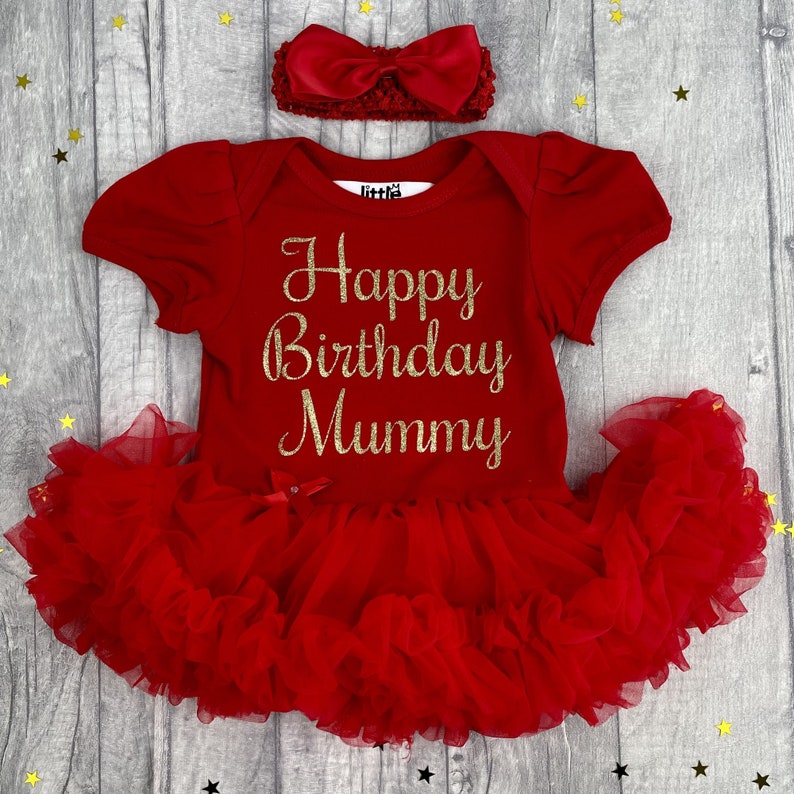 Mameluco de tutú de feliz cumpleaños mamá bebé niña con diadema de lazo, traje de bebé recién nacido, regalo para mamá, regalo de recuerdo imagen 3