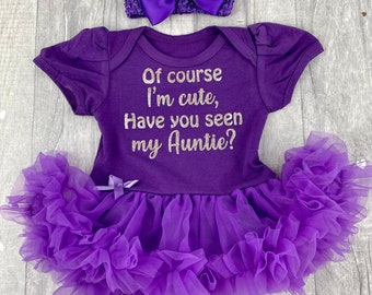 Baby Girl's Auntie Themed Tutu Romper with Bow Headband, Newborn Keepsake Gift, Rose Gold Glitter Of Course I'm cute Aunties