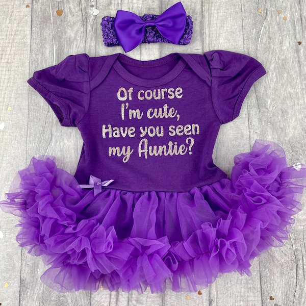 Baby Girl's Auntie Themed Tutu Romper with Bow Headband, Newborn Keepsake Gift, Rose Gold Glitter Of Course I'm cute Aunties