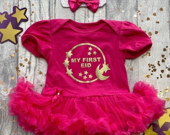 My First Eid Baby Girls Pink Tutu Romper with Bow Headband, Gold Moon and Stars Ramadan Newborn Celebrate Gift Keepsake Present Family