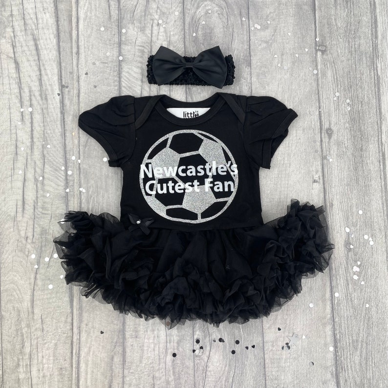Baby Girl's Newcastle Football Black Tutu Romper with Bow Headband, Newcastle's Cutest Fan Silver Glitter Football Kit, Newborn Daddy's Girl image 7