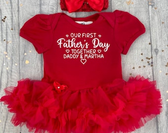 First Father's Day Outfit, Personalised Baby Girl's Daddy & Daughter Tutu Romper with Bow Headband, Newborn Father's Day Gift