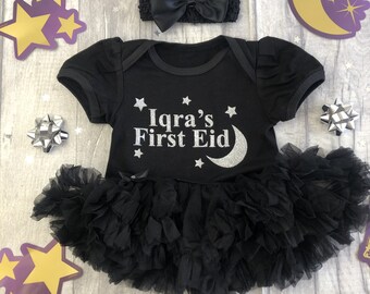 Personalised First Eid Baby Girl's Black or White Tutu Romper with Bow Headband Silver Moon Stars Newborn Celebrate Gift Present Princess