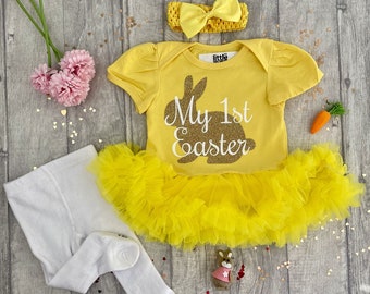 Baby Girl's 1st Easter Bunny Outfit, Newborn First Easter Yellow Tutu Romper Headband Tights Socks, Gold Bunny Rabbit, Keepsake Gift