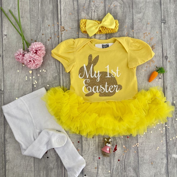 Baby Girl's 1st Easter Bunny Outfit, Newborn First Easter Yellow Tutu Romper Headband Tights Socks, Gold Bunny Rabbit, Keepsake Gift